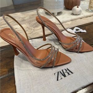 Zara Women's Brown Strappy Heels with Silver Accents